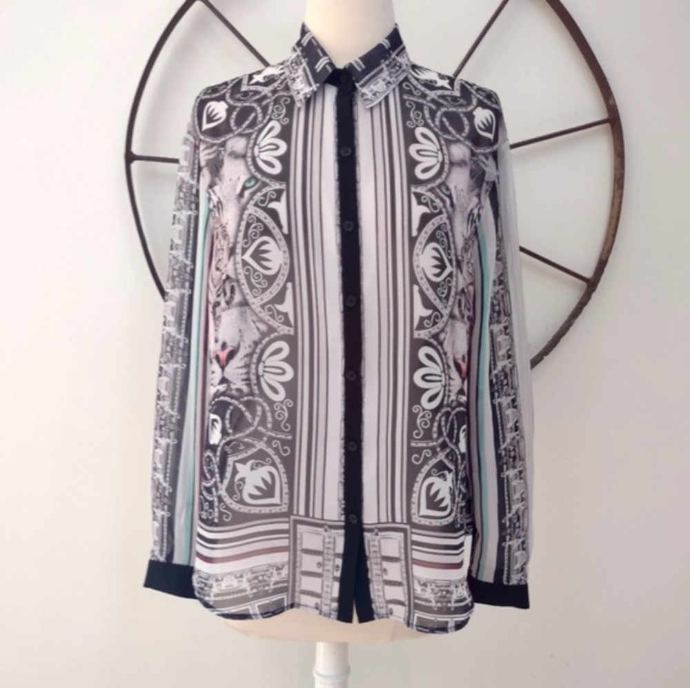 Clover Canyon white tiger graphic print semi sheer collared long sleeve blouse S